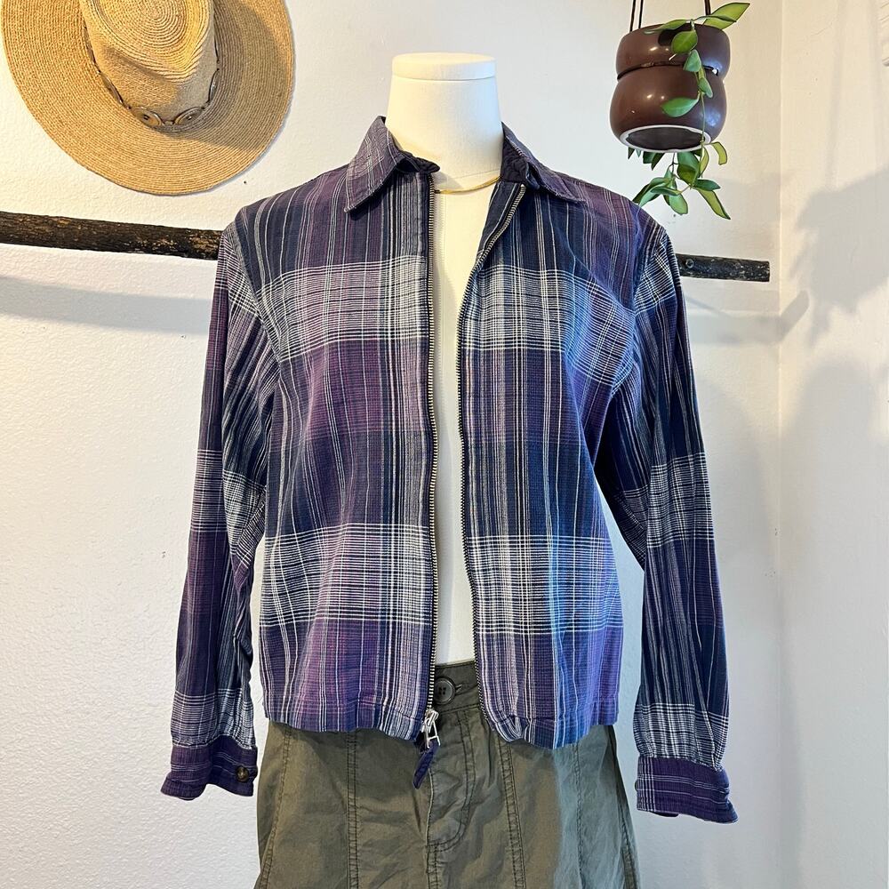 Vintage Purple Plaid Cotton Zip Up Lightweight Cropped Boxy Jacket Size Small